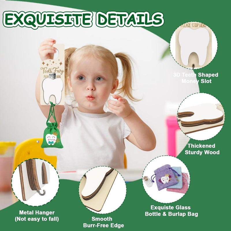 AINBIN Tooth Fairy Door Hanger, Tooth Fairy Kit Tooth Holder with Money Slot, Keepsake Bottle & Burlap Pouch for Lost Teeth, Encourage Gift for Boys Girls (Green) - Image 3
